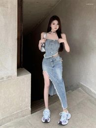 Arbeitskleider 2024 Sommerfrauen Rock zweiteilige sexy Ctoped Denim Weste hohe Taillenröcke koreanische Damen Ärmellose Anzüge