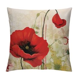 Flower Throw Pillow Cushion Cover, Red Poppy Flower Grungy Paint Brush Effect Beige Floral Design Digital Art Print, Decorative Square Accent Pillow Case, Red Ivory
