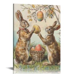 Easter Wall Art Vintage Robert Rabbit Family and Easter Eggs Aesthetic Painting Poster Cool Artwork Painting Wall Art Canvas Print Home Decor Gift Idea