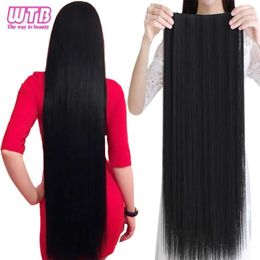 Hair Wefts WTB synthetic 100cm 5-clip hair extension heat-resistant long straight black false hair suitable for womens natural false hair 5 Siz Q240529