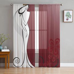 Curtain Fashion Woman Girls Hat Flowers Red Roses Sheer Curtains For Living Room Decoration Window Kitchen Tulle Voile