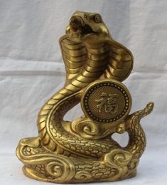 China Chinese Brass Folk Fengshui Fu Rich Wealth Zodiac Year Eye Snake Statue9791807