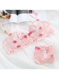 Women's Pink Thong Sexy Bra and Underwear Set Panties Lingerie Female Two-piece Lace Perspective Swimwear Bikinis Panties 2024