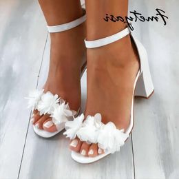 White Wedding Sandals Flower Bridal Summer Black Thick High Heel Party Shoes Fashion Open Toe Women's 55b