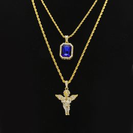 Mens Hip Hop Jewellery sets Mini Square Ruby Sapphire Full crystal Diamond Angel wings pendant Gold chain necklaces For male Hiphop Jewel 189U