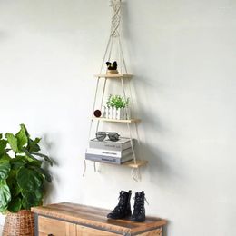 Tapestries Wooden Floating Storage Holder Macrame Wall Hanging Shelf Board Bohemian Woven Rope Swing Tapestry Display Home Book Plant