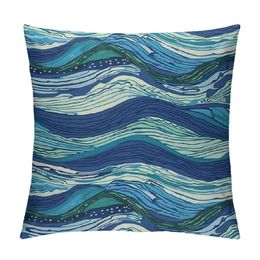 Wurfkissenabdeckung abstrakte blaue Wellen gestreiftes Meer Muster Ozean Helle Kunst moderne Dekor Lendenkissen Kissen für Sofa Couch Bett