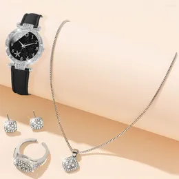 Wristwatches Black Women Watch 5PCS/Set Starfish Elements Dial Quartz Wristwatch PU Leather Strap Jewellery Set Gift For Mom