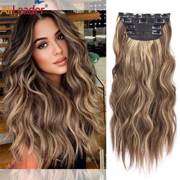 Hair Wefts 4 pieces/set of 20 inch synthetic hair clips long wavy thick hair suitable for women full head synthetic hair clips Ombre hair clips Q240529