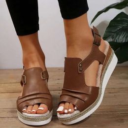 Heel Wrap Leather Women Sandals Wedge the Instep Side Empty Large Size Slope Slippers Buckle Strap Beach Peep Toe 088
