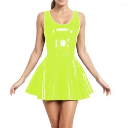 Casual Dresses Womens Vinyl PVC Leather Solid Sleeveless Mini Dress Glossy Party Swing Skirt Female Clubwear Nightclub Skater