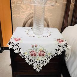 Table Cloth Square Satin Rose Flower Embroidery Cover Wedding Tablecloth Kitchen Christmas Decoration And Accessory
