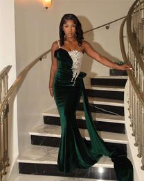 Dark Green Veet Spaghetti Beaded Appliques Prom Dresses For Black Girls Mermaid Formal Ocn Dress With Train Birthday Gown 0529