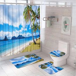 Shower Curtains Beach Ocean Palm Tree Curtain Sets Tropical Coast Blue Sea Island Landscape Bathroom Rug Bath Mats Toilet Cover