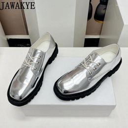 Casual Shoes British Designer Ladies Oxfords Flat Platform Mirror Leather Silver Black Formal Career Preppy Style Girls