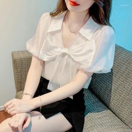 Women's Blouses Chiffon Woman Shirts Summer 2024 Solid Loose Short Sleeves White Bow Top V-neck Ladies Casual Clothing YCMYUNYAN