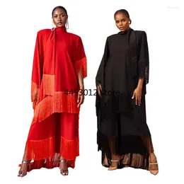 Ethnic Clothing 2024 Dresses For Women Satin Elegant Tassels Shawl Collar Black Red Muslim Fashion Abayas Dashiki Robe Kaftan Maxi