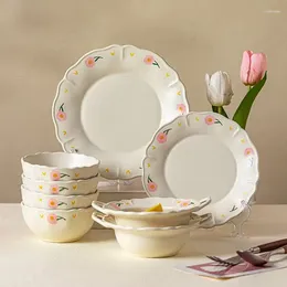 Plates Painted Flower Reliefs Dinner Set And Dishes Korean Modern Fruit Salad Bowl Steak Pasta Plate Ceramic Cake Dessert