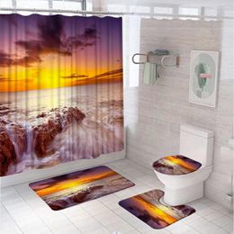 Shower Curtains Sunset Sea Landscape Curtain Set 3D Natural Ocean Reef Skyline Fabric Bathroom Non-Slip Bath Mat Rug Toilet Cover