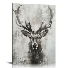 Red Deer Canvas Wall Art Rustic Elk with Big Antlers Painted Animal Head Picture Grey and White Hunting Artwork Painting for Living Room Home Office Decorations