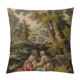 Antique French Aubusson Romantic Garden Scene Decorative Pillow Covers Cosy Soft Throw Pillowcase Square Couch Cushion Cover for Home Decor Sofa Living Room Bed Car