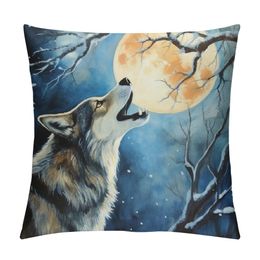 Throw Pillow Covers Pillow Case,Fashionable Decorative Square Pillowcases Covers for Couch Sofa Bed,Living Room Sofa,Farmhouse Snowy Night Wolf