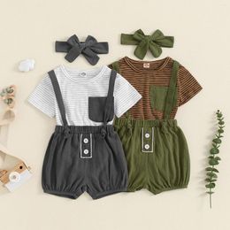 Clothing Sets FOCUSNORM 0-18M Infant Baby Boys Gentleman Clothes Striped Print Short Sleeve Pocket Romper Overalls Shorts Headband