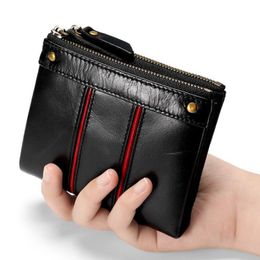 purse Antithef Men Wallets Oil Wax Genuine Leather Male Short Wallet Zippers and Hasp Man's With Coin Pockets Card Holders 193y