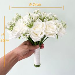 Big Wedding Bride Bouquet White Roses Artificial Silk Flowers Baby Breath Bridal Bridesmaids Gypsophila Mariage Accessories 24cm