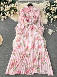 Casual Dresses Fashion Vintage Dress Women Flower Print Female Slim Chiffon With Holiday Long Pleated Skirt Lady Rober