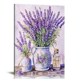 Lavender Wall Art Country Floral Canvas Prints Painting Rustic Purple Flower Pictures Framed Artwork Home Decor for Bathroom Dining Living Room