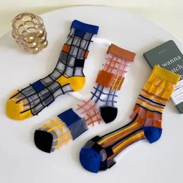 Women Socks Colourful Plaid Lace Summer Ultra-thin Breathable Mesh Middle Tube Casual Fashion Striped Funny Girls