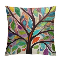 Throw Pillow Cover Tree Colorful Tree Big Old Branches Leaves Brown Green Yellow Seasonal Natural Decor Lumbar Pillow Case Cushion for Sofa Couch Bed Standard