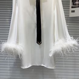 2024 Spring New Ostrich Feather Cuff Tie New Designer Satin Medium Length Loose White Shirt Women Blouses