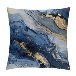 Modern Abstract Marble Texture Blue Gold Watercolour Print Art Home Bedroom Decorations Soft Throw Pillow Cover, Minimalist Drawing Boho Pillow Case Pillowcase