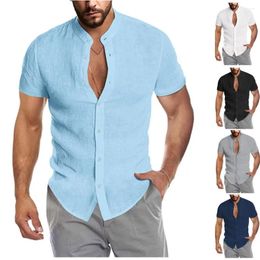 Men's Casual Shirts 2024 Summer Cotton And Linen V-neck Short-sleeved Button Cardigan Stand-up Collar Solid Color Tops For Men