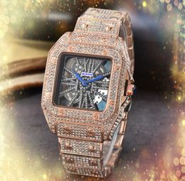 Hip Hop Iced Out Men Hollow Skeleton Dial Designer Watch Square Diamonds Ring Quartz Table Clock Rose Gold Silver Calendar Stainless Steel Watches Relogio Masculino
