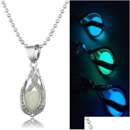 Lockets New Glow In The Dark Pearl Cage Pendant Necklaces Open Hollow Luminous Water Drop Charm Locket Bead Chain For Women S Fashion Dhdnp