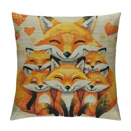 Fox Pillow Cover Cute Fox Family Happy Father's Day Autumn Leaves Throw Pillow Case Square Cushion Decorative Cover for Sofa Bed