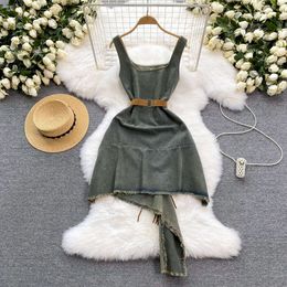 American Spicy Girl Sleeveless Denim Dress Female Design Feeling Small and Small Irregular Ragged Edge Splicing Sling Dress