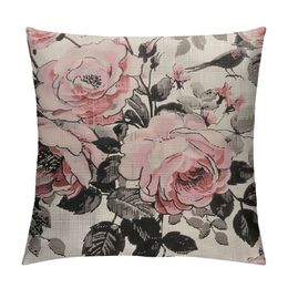 Pink Flowers and Leaves Pillow case, Watercolor Floral Pattern Pillow Cover, Flower Rose Throw Pillow Case Cushion Cover Couch Sofa Decorative Square