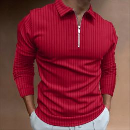 2023 Hot men's casual striped long sleeve Polo shirt autumn lapel zipper T-shirt top golf men street wear S-3XL