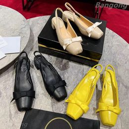 2024 summer new designer sandals bow decorative square head thick soled single backless flat ballet shoes Yellow pink black dress shoes size35-42