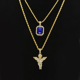Mens Hip Hop Jewelry sets Mini Square Ruby Sapphire Full crystal Diamond Angel wings pendant Gold chain necklaces For male Hiphop Jewel 224i
