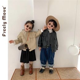 Jackets 2024 Baby Girl Boys Jacket Solid Long Sleeve Faux Leather Zipper Coat Girls Kids Clothes Outwear Loose Clothing