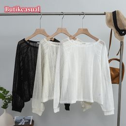 Women Sunscreen Knitted Shawl Top Summer Long Sleeve Lace Tops Plain Loose Fashion Tshirts Round Neck Tshirt Woman T-shirt Casual Blouse