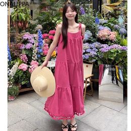Casual Dresses Onalippa Holiday Style Tassel Summer Dress Lace Up Straight Loose Multi Ruffles Rose Pink Korean Solid Vestidos Women