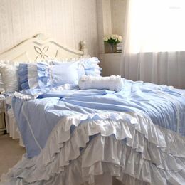 Bedding Sets Luxury Fresh Plaid Cake Layers Set European Ruffle Lace Duvet Cover Bedspread Romantic Bow Princess Bed Skirt