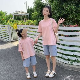 Family Summer Set Clothes 2023 Mother and Daughter Pink Short Sleeve T Dad Mom Son Matching Tee Shirt Baby Jeans Outfits