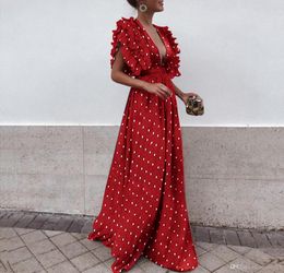 Dot Printed Pleat Cap Sleeves Long Women Party Evening Dresses 2019 New Sexy Deep v Neck A line Floor Length Fashion Women Casual 2811927